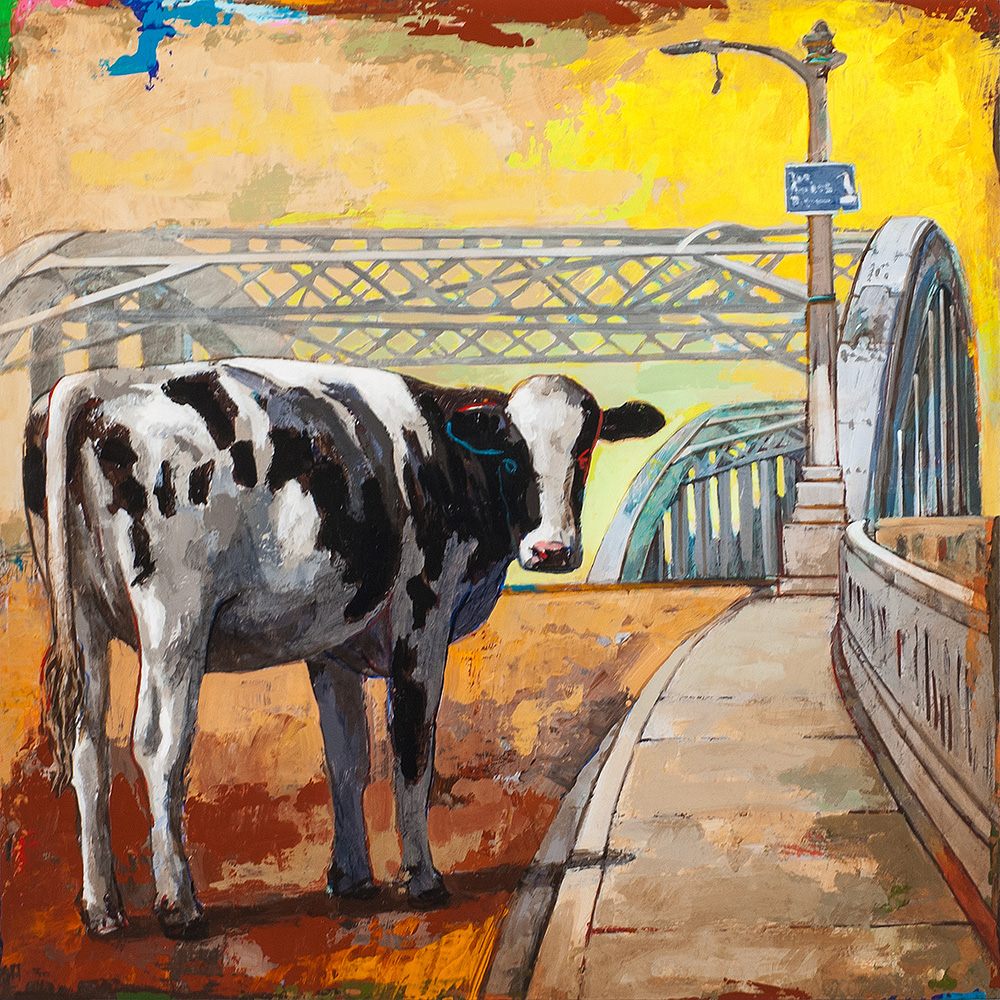 Positively 6th Street, painting of a cow on the 6th Street Bridge by Los Angeles artist David Palmer, acrylic on wood, art