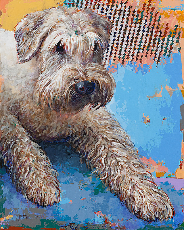 Swiffer, dog portrait, painting by Los Angeles artist David Palmer, acrylic on wood, art